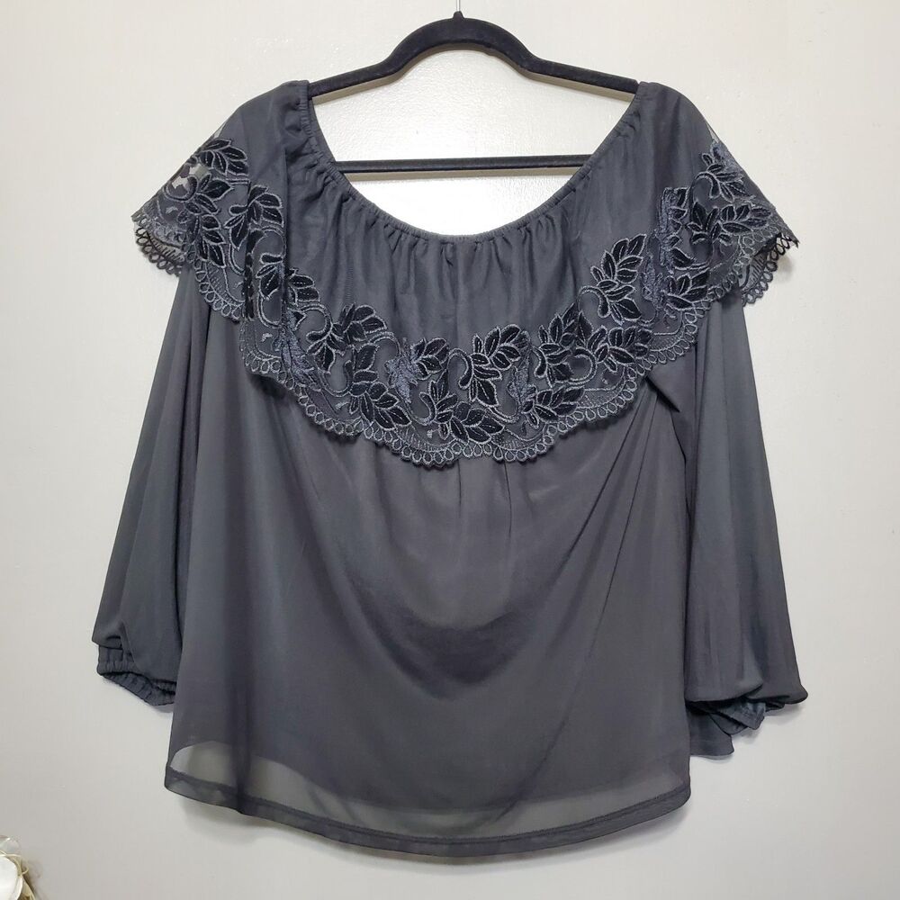 Daytrip Womens Off Shoulder Top Size XL Black Floral Lace Overlay Long Sleeve